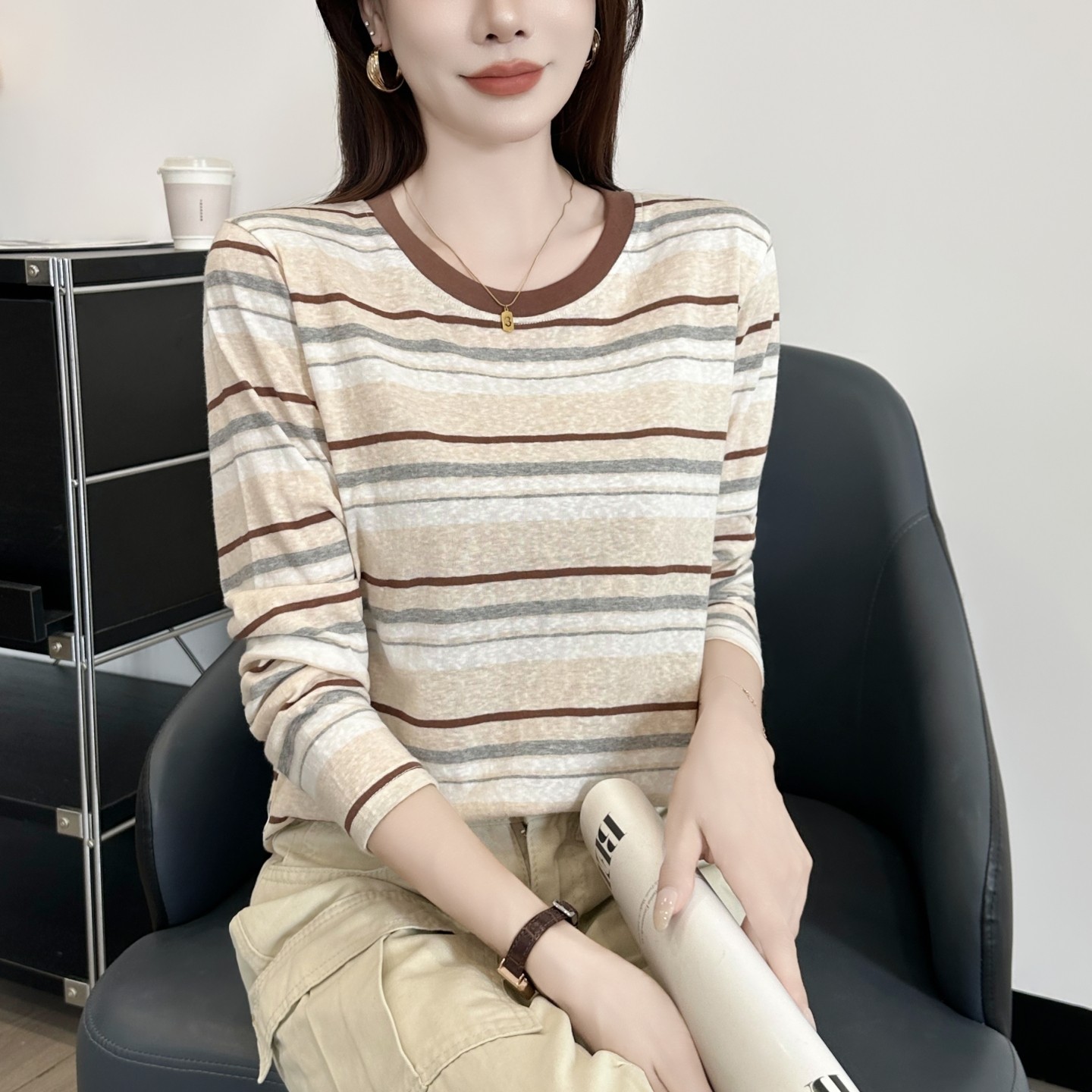 条纹t恤女长袖上衣秋单穿宽松叠穿打底衫内搭时尚复古休闲上衣