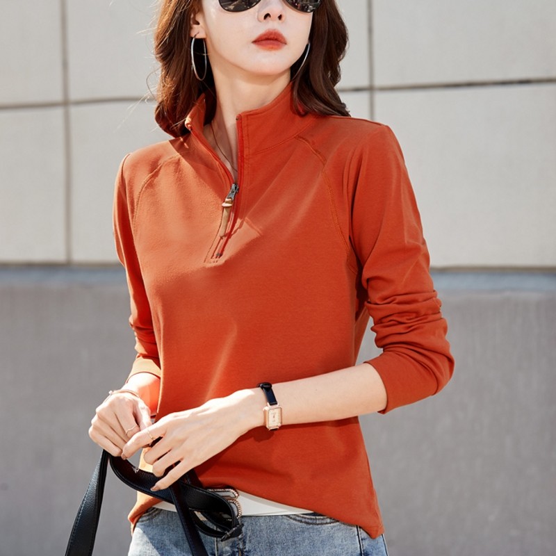 立领拉链长袖t恤女2026春秋新款纯棉打底衫翻领休闲百搭运动上衣