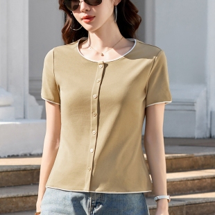 短款短袖t恤女2026夏季新款设计感撞色修身半袖体恤独特漂亮上衣