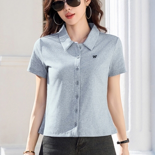 开衫小个子短款polo衫有领短袖t恤女夏季正肩蝴蝶结翻领宽松上衣