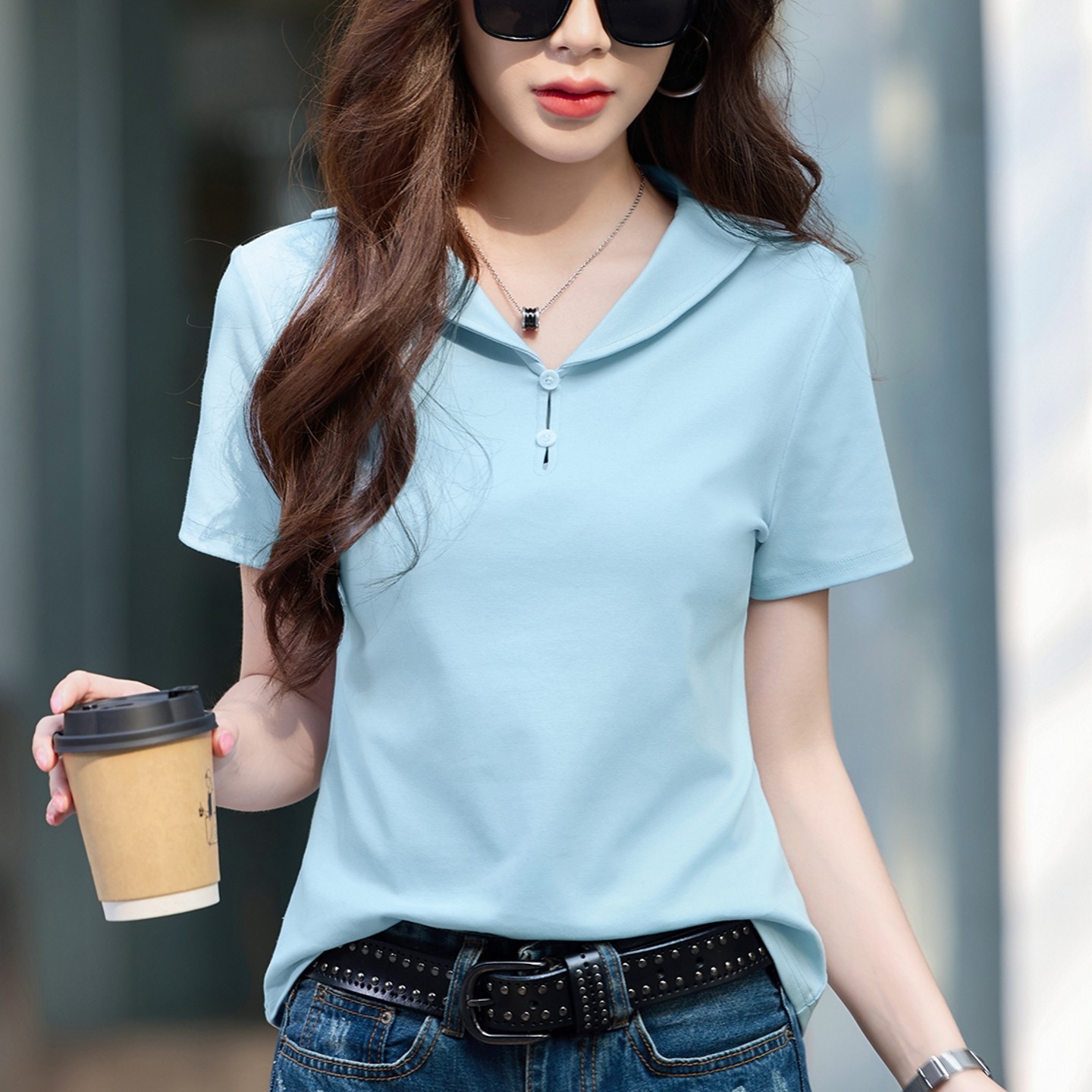 翻领短袖t恤女夏季多巴胺高级感宽松休闲减龄上衣纯色简约风体恤