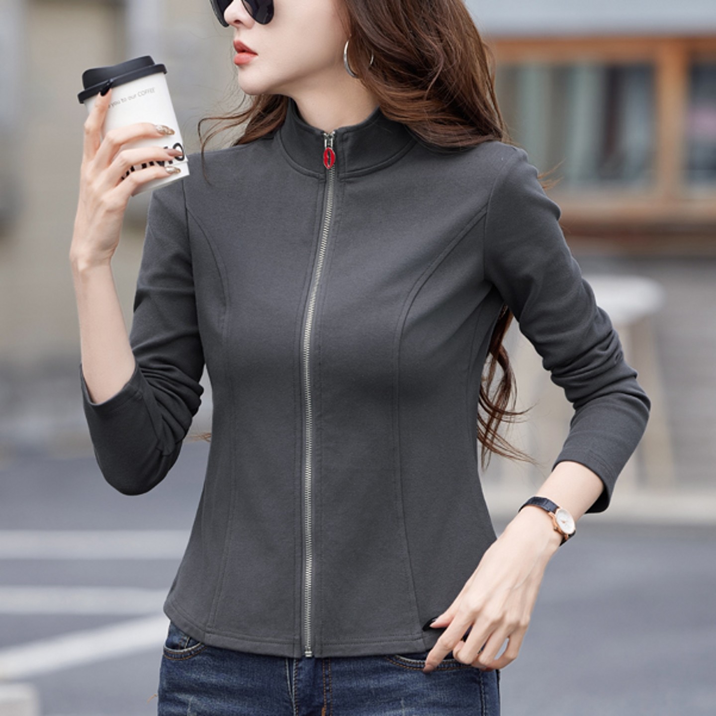 纯棉开衫卫衣外套拉链长袖t恤女士打底衫春秋立领休闲运动上衣