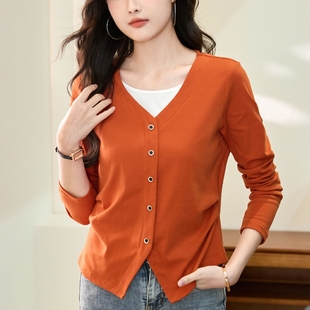 纯棉假两件v领长袖t恤女春秋2025新款打底衫秋衣外穿百搭洋气上衣