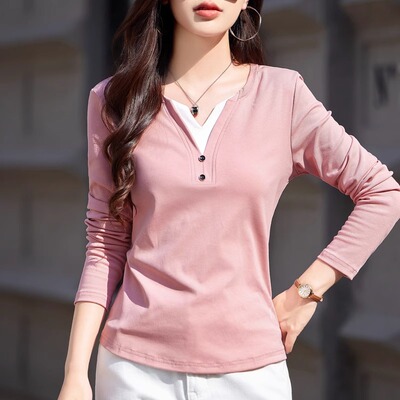 v领假两件长袖t恤女上衣春秋2026新款打底衫内搭外穿秋衣百搭小衫