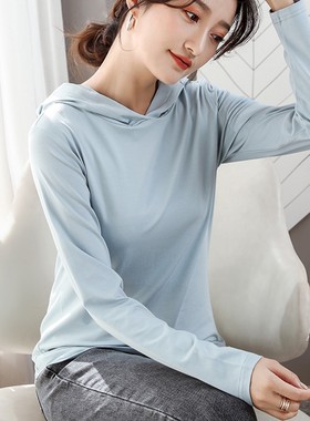 丝光棉宽松连帽休闲长t恤女