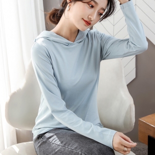 连帽长袖t恤女薄款卫衣春秋新款带帽衫打底衫宽松休闲正肩上衣