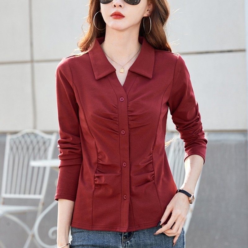 纯棉开衫翻领长袖t恤女春秋新款洋气小衫褶皱打底衫百搭外穿上衣