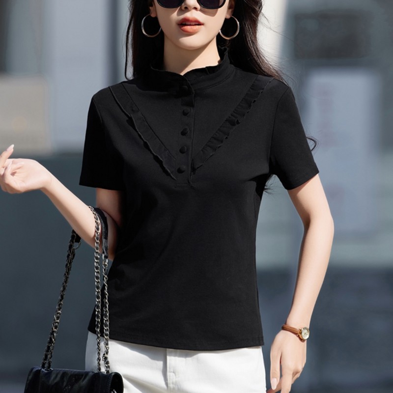 黑色花边领短袖t恤女夏季2026新款高级感纯色宽松休闲上衣半袖