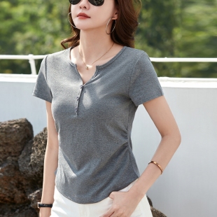 灰色V领短袖t恤女夏季2026新款高级感正肩修身褶皱收腰上衣汗衫