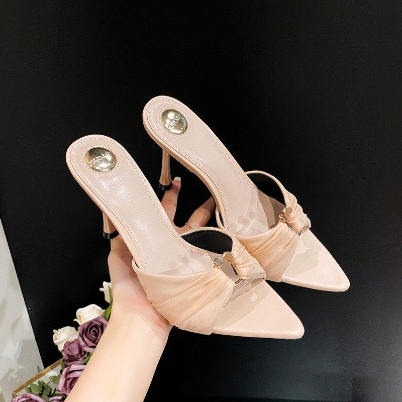 杨树林2026新款尖头外穿凉拖鞋春夏高跟鞋配裙子褶皱细跟凉鞋女,女鞋,一字拖,淘宝优惠券,粉丝福利购,淘宝优惠卷