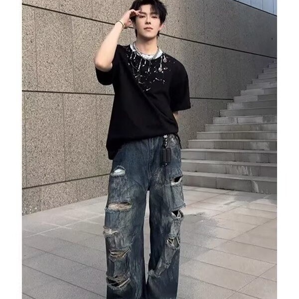 美式高街vibe牛仔裤子夏季新款刮烂破洞裤青少年酷帅潮牌男生裤子