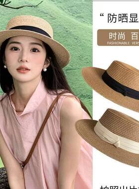 【爆米花专享】平顶草帽女夏季大帽檐遮阳防晒帽