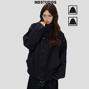 水洗牛仔外套」宽松休闲夹克 复古「立领工装 INSstudios 国潮美式
