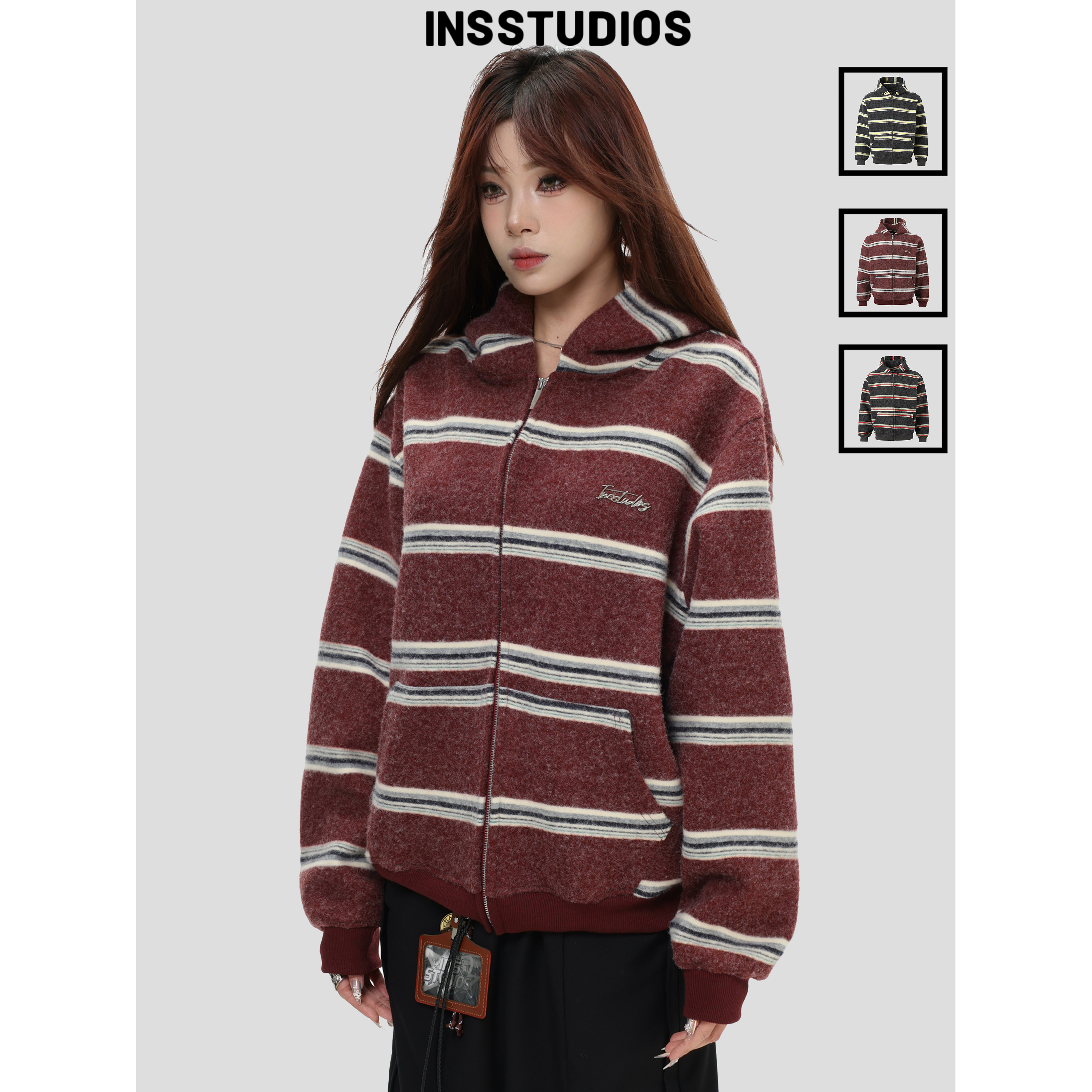 INSstudios绒感粗条纹连帽卫衣