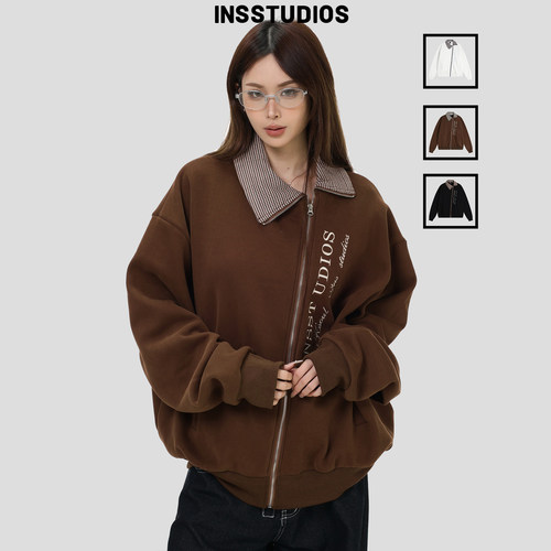 INSstudios格纹拼接歪拉链卫衣