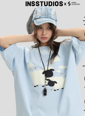 INSstudios 国潮牌情侣美式复古绒面发泡小羊短袖宽松冰皮凉感t恤