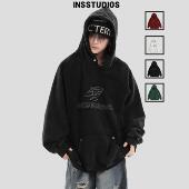 INSstudios 国潮牌情侣美式 破碎针绣LOGO连帽卫衣加绒破洞上衣男