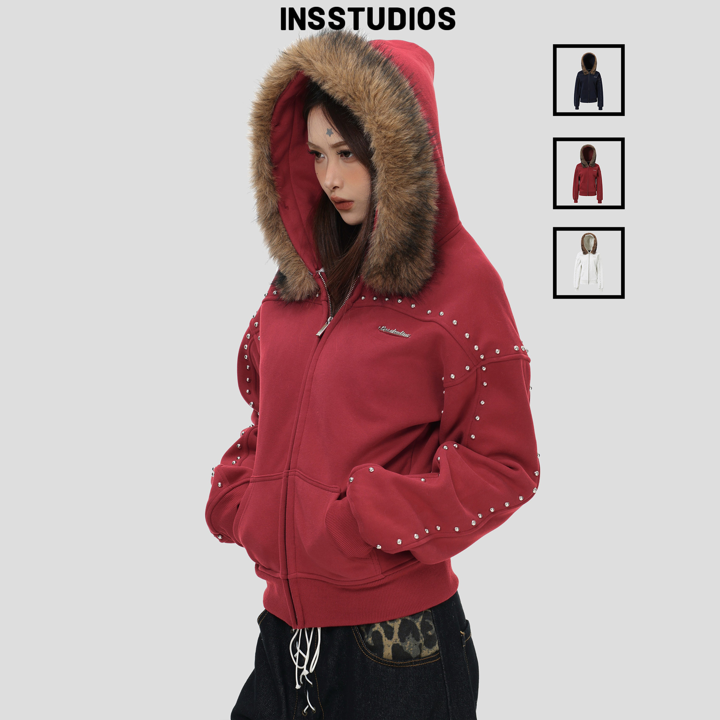 INSstudios 国潮美式复古「铆钉毛领收腰连帽卫衣」加绒开衫外套,男装,卫衣,淘宝优惠券,粉丝福利购,淘宝优惠卷