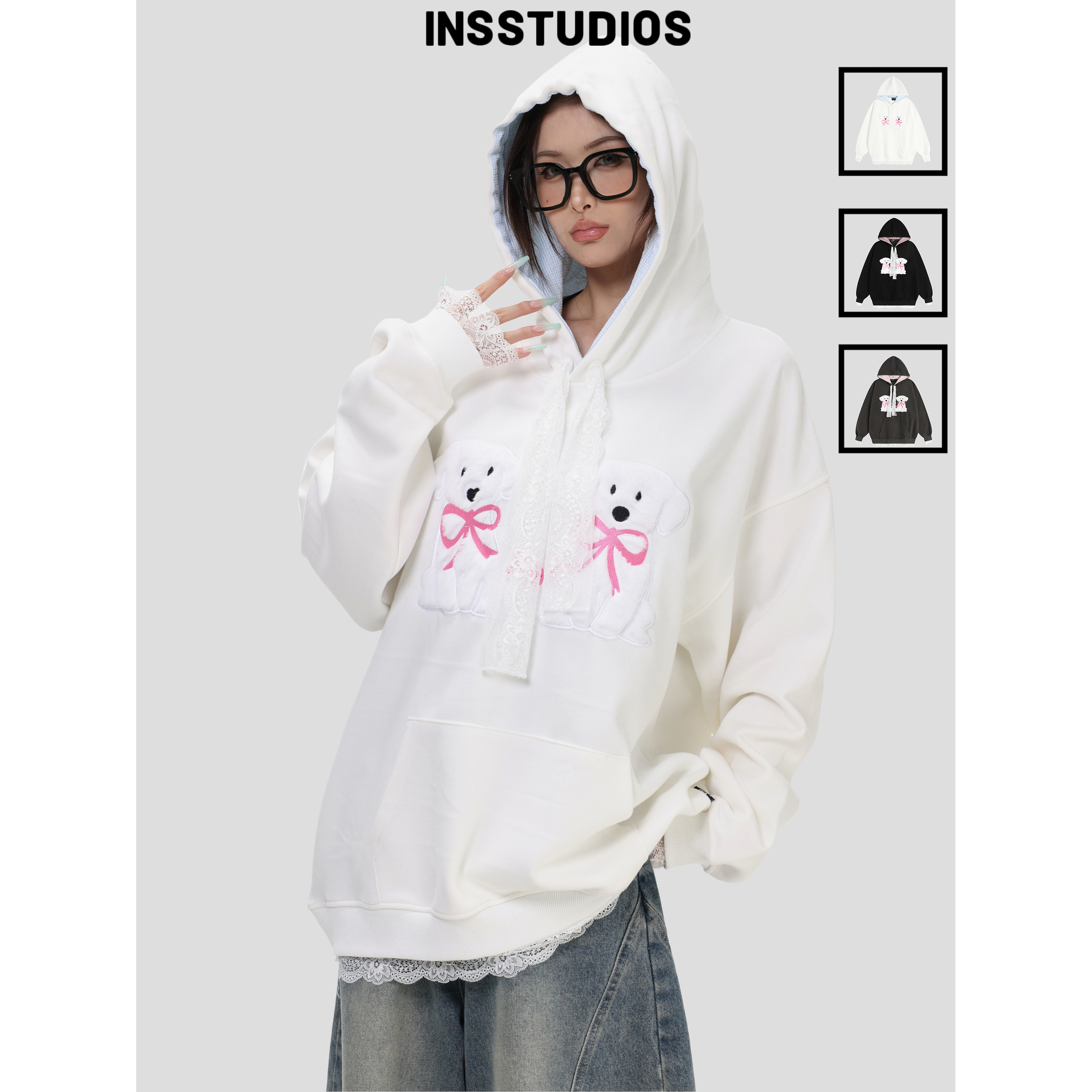 INSstudios拼接蕾丝小狗连帽卫衣