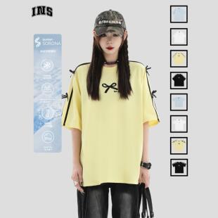 条纹T恤男女 INSstudios 国潮牌情侣美式 凉感蝴蝶结织带短袖 情侣款