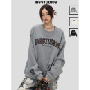 INSstudios 复古「豹纹刺绣灰色圆领卫衣」宽松加绒上衣 国潮美式