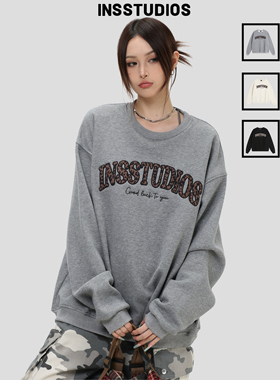 INSstudios 国潮美式复古「豹纹刺绣灰色圆领卫衣」宽松加绒上衣