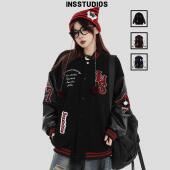 INSstudios 复古撞色棒球服夹克毛巾绣夹棉外套男 国潮牌情侣美式