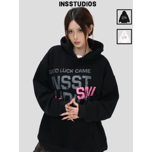 「做旧破损印花连帽卫衣」宽松加绒帽衫 INSstudios 国潮情侣美式