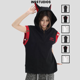INSstudios 国潮牌情侣美式杜宾无袖背心猫狗耳朵连帽马甲坎肩T恤