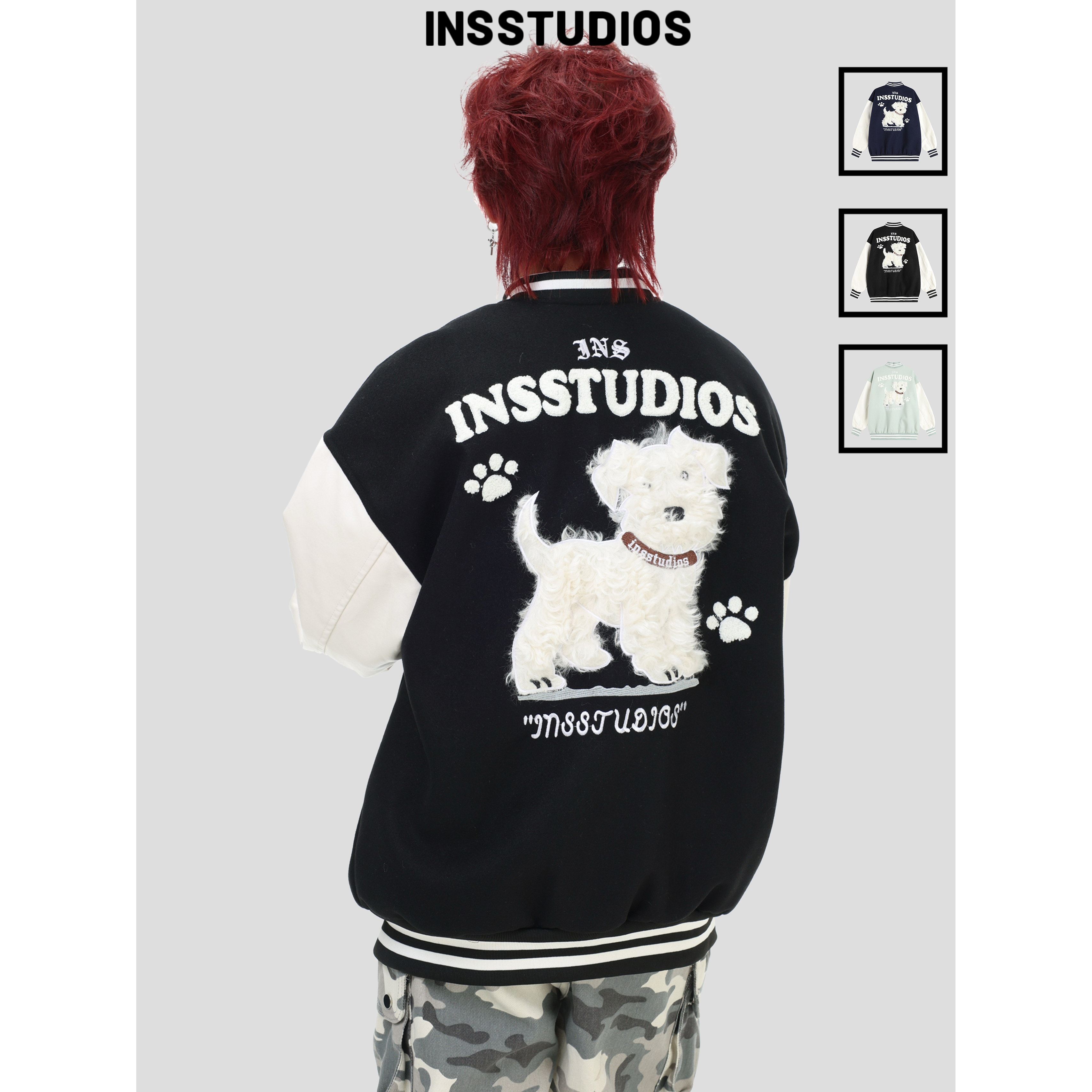 INSstudios毛绒小狗刺绣棒球服