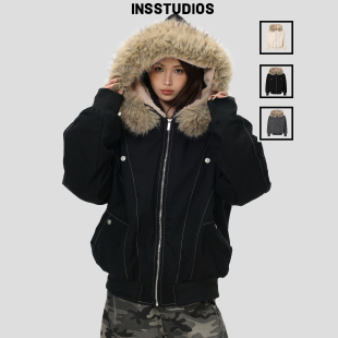 INSstudios 复古「仿兔毛座山雕外套」宽松派克棉服棉衣 国潮美式