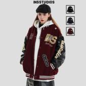 INSstudios 国潮牌情侣美式 编织贴布刺绣LOGO棒球服夹棉夹克外套