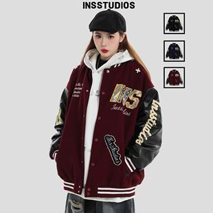 INSstudios 编织贴布刺绣LOGO棒球服夹棉夹克外套 国潮牌情侣美式