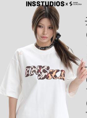 INSstudios 国潮牌情侣美式发泡奶牛LOGO短袖宽松冰皮凉感t恤男女