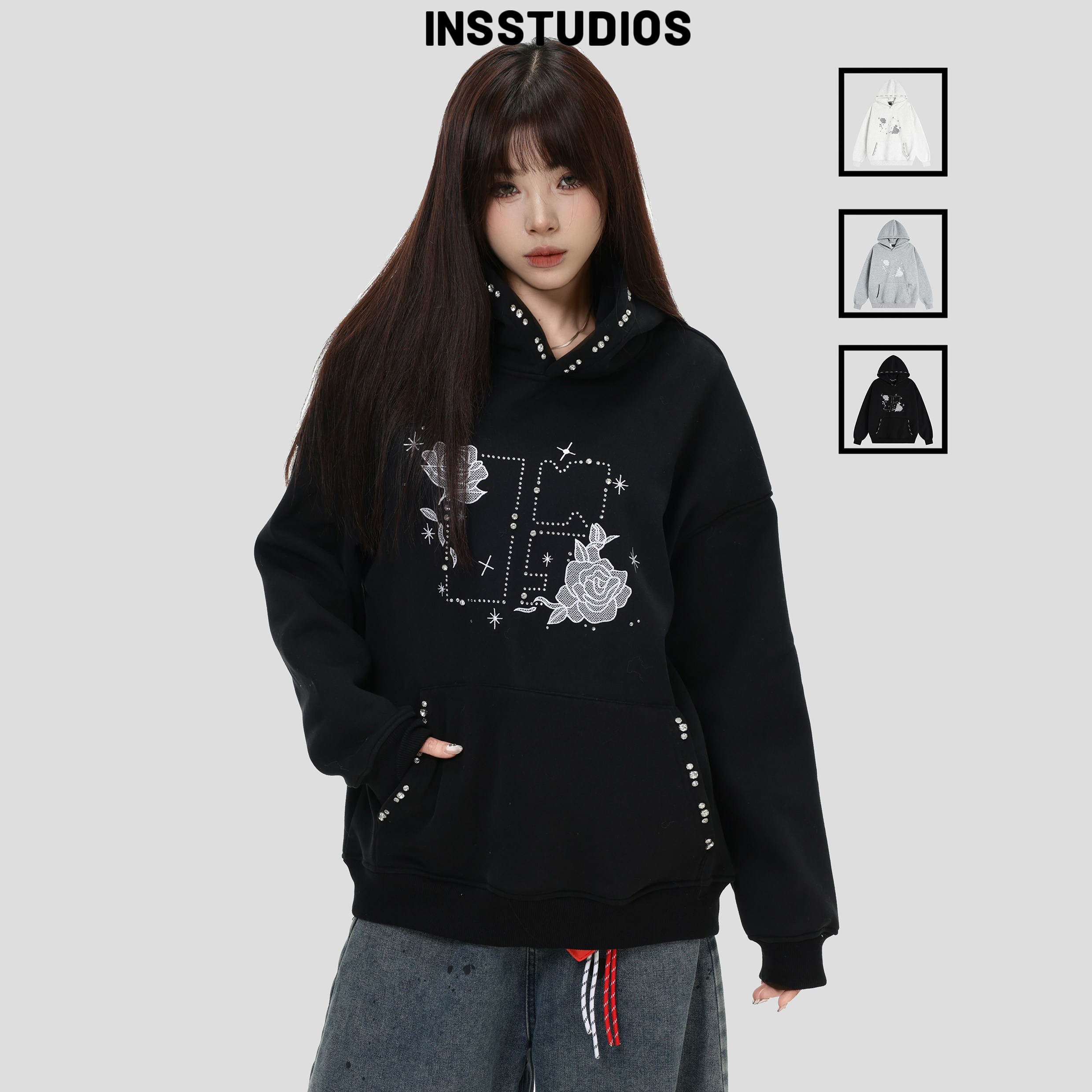 INSstudios 国潮美式复古「宝石钉珠刺绣连帽卫衣」宽松加绒帽衫