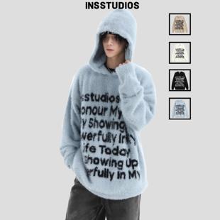 男 字母LOGO提花毛衣马海毛连帽针织衫 INSstudios 国潮牌情侣美式