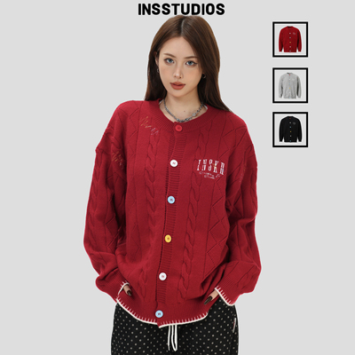 INSstudios绞花多色纽扣开衫毛衣