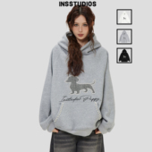 「珍珠小狗刺绣连帽卫衣」宽松加绒上衣帽衫 INSstudios 国潮美式