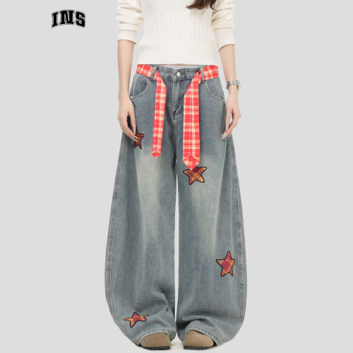 INSstudios星星贴布格纹牛仔裤