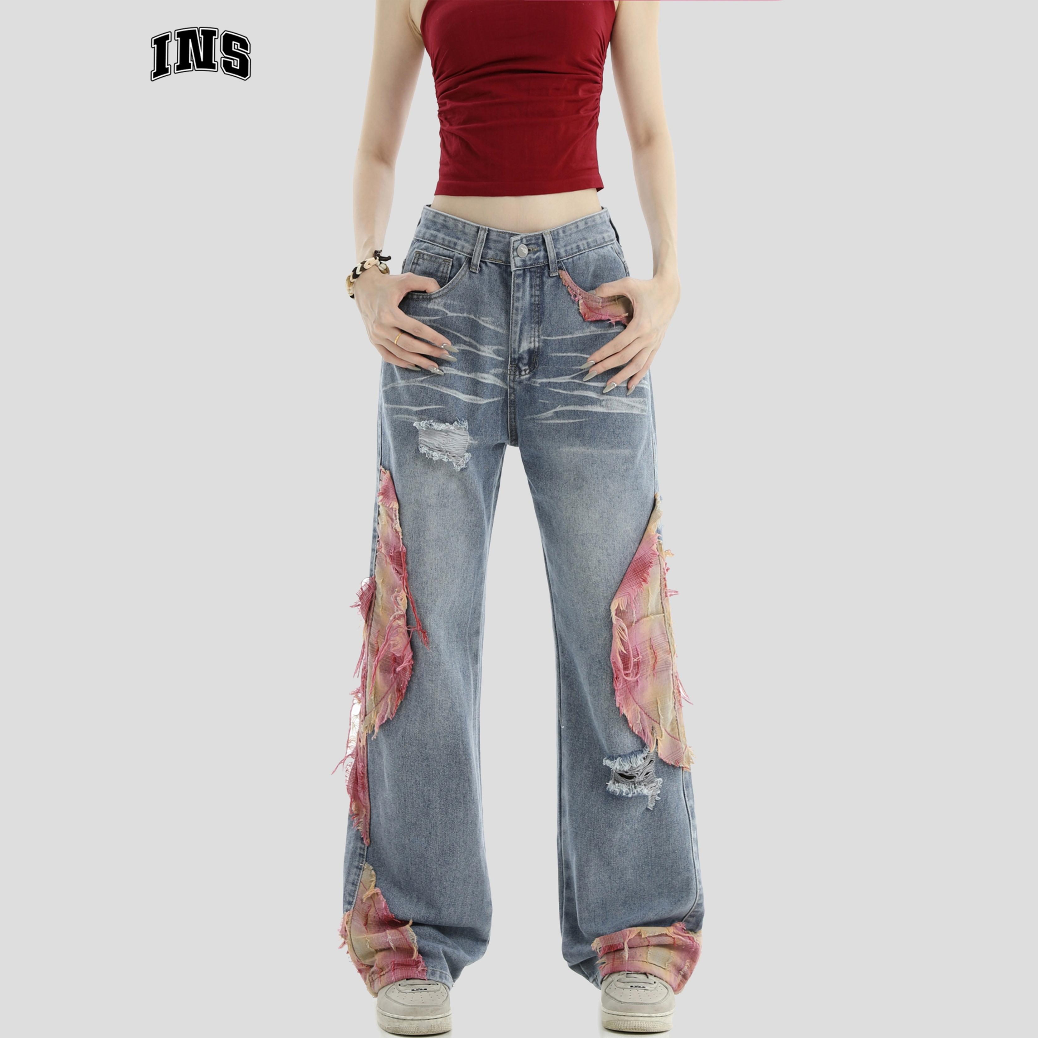 INSstudios毛边贴布拼接牛仔裤