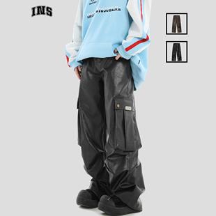 宽松休闲长裤 金属标LOGO大口袋PU皮裤 国潮牌情侣美式 INSstudios