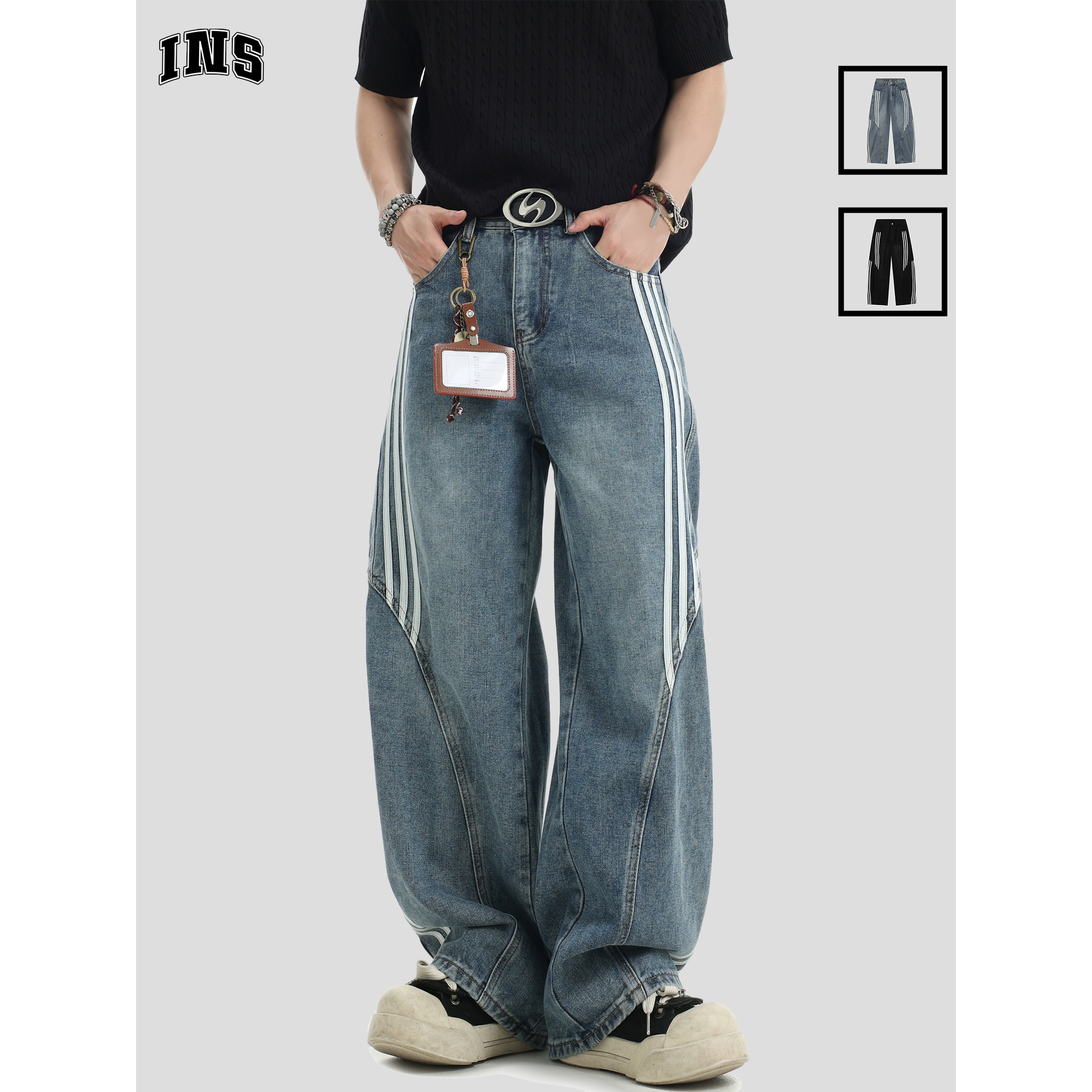 INSstudios水洗解构弯刀牛仔裤