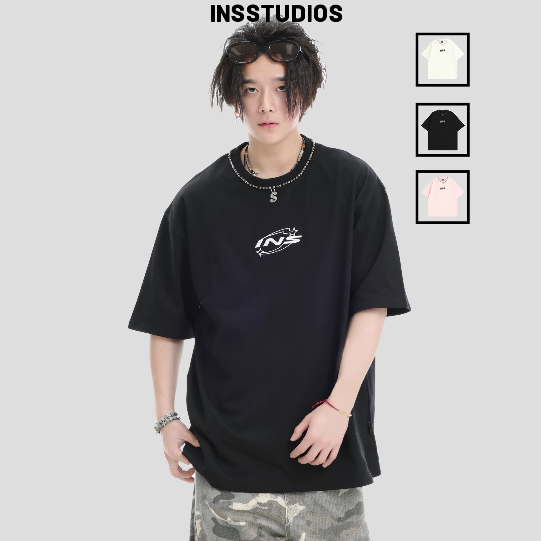 INSstudios钉珠项链刺绣LOGO短袖