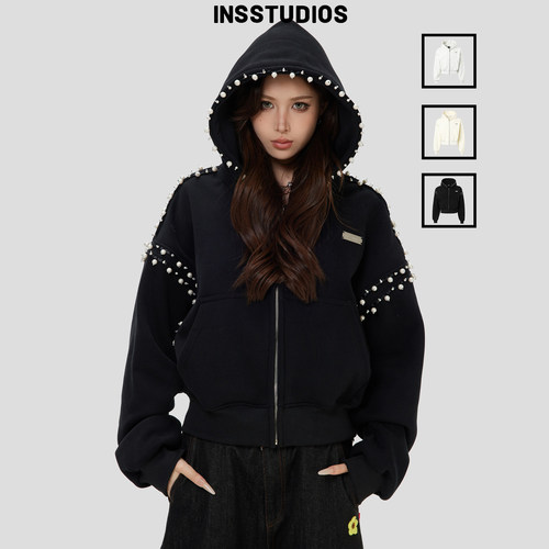 INSstudios手工花边珍珠收腰卫衣
