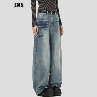 INSstudios 国潮牌美式复古折痕铆钉渐变牛仔裤宽松直筒阔腿长裤