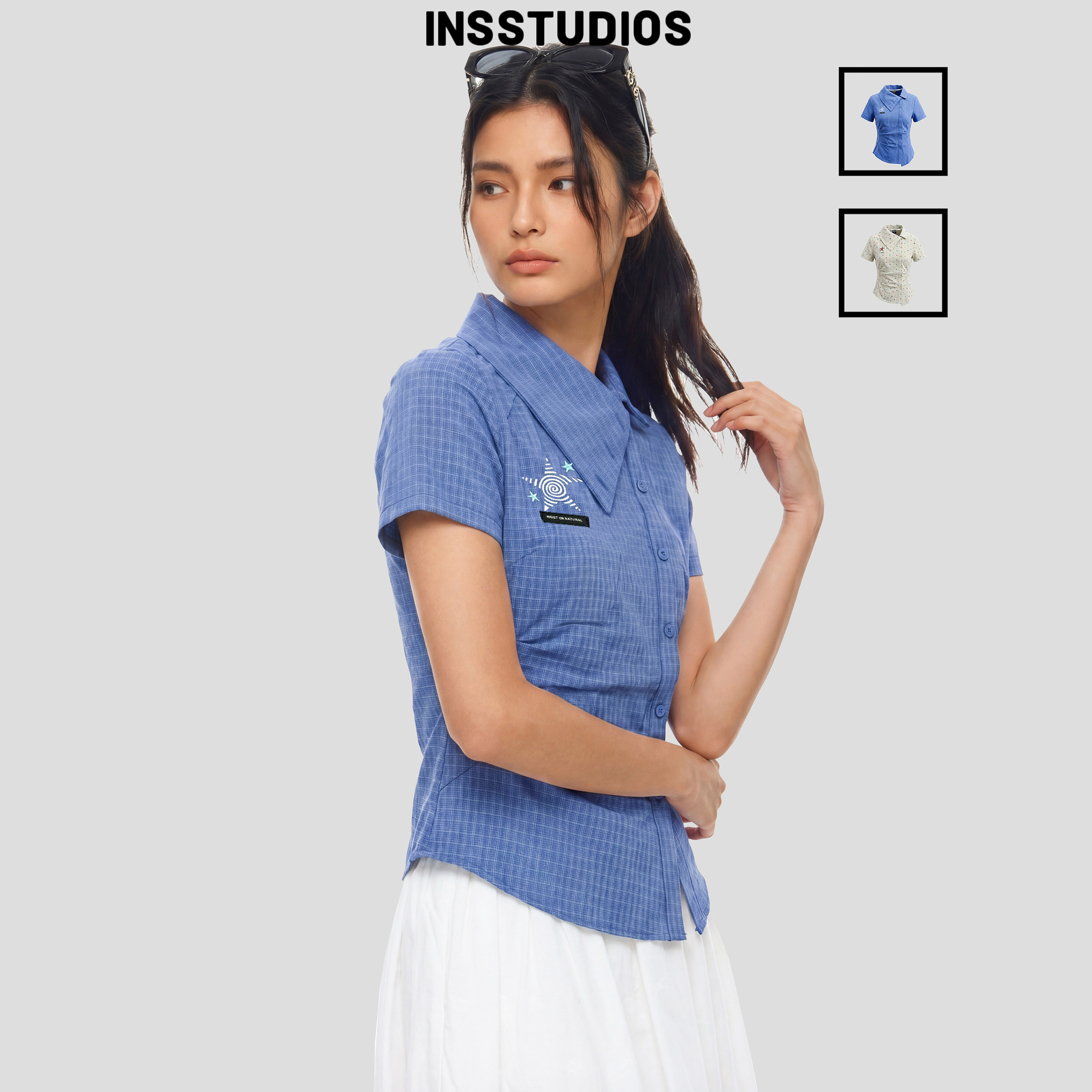 INSstudios 国潮复古「斜领子修身格子衬衫」夏季正肩短款上衣女