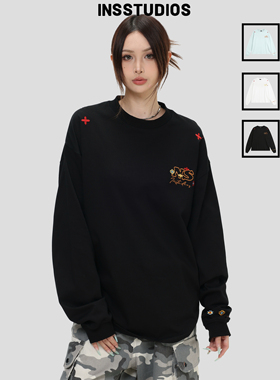 INSstudios 国潮情侣美式「几何LOGO刺绣长袖」宽松打底衫上衣T恤