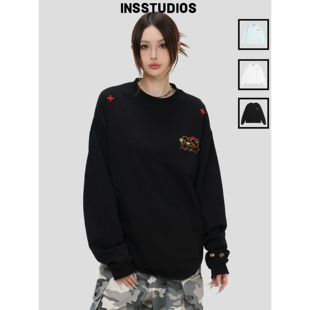 」宽松打底衫 「几何LOGO刺绣长袖 上衣T恤 国潮情侣美式 INSstudios