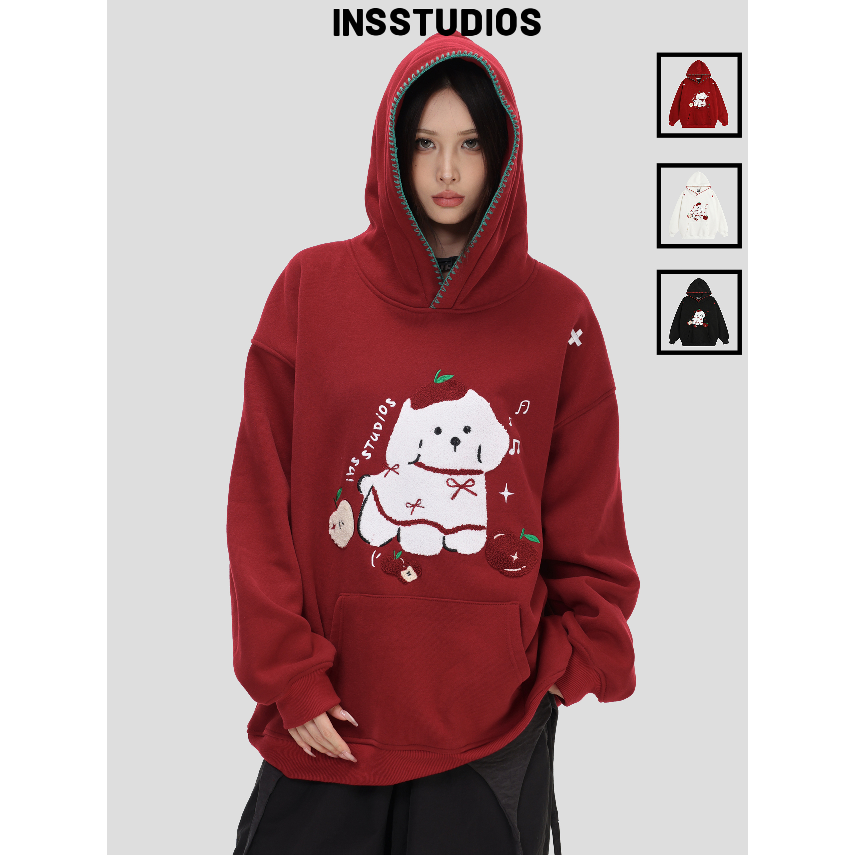 INSstudios毛绒苹果小狗连帽卫衣