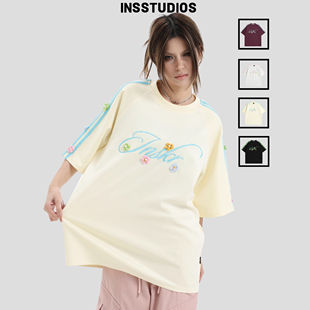 INSstudios 空氣層涼感t恤男 手縫立體花卉條紋短袖 國潮牌情侶美式